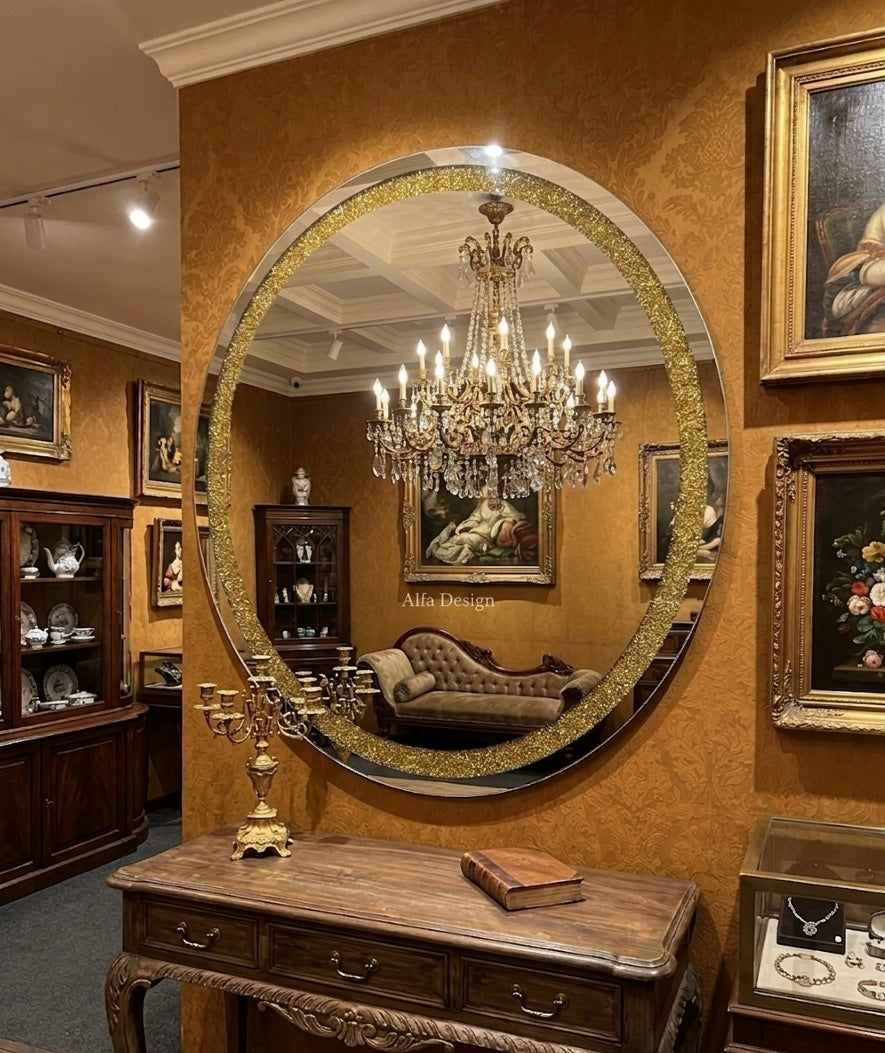 Gold Diamond Crush Crystal Round Wall Mirror