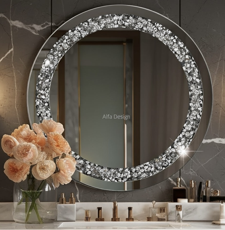 Diamond Crush Crystal Round Wall Mirror