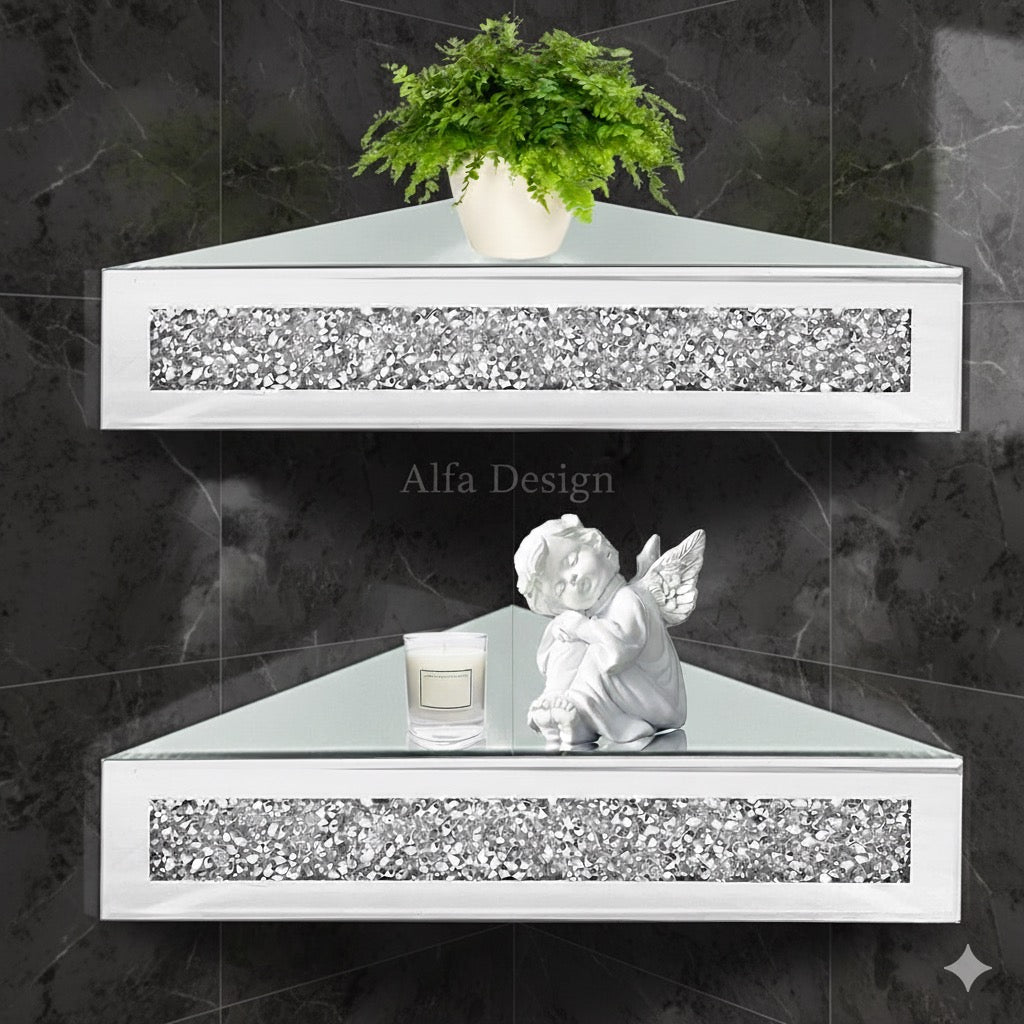 Diamond Crush Mirrored Floating Corner Shelf (Set of 2)