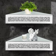 Diamond Crush Mirrored Floating Corner Shelf (Set of 2)
