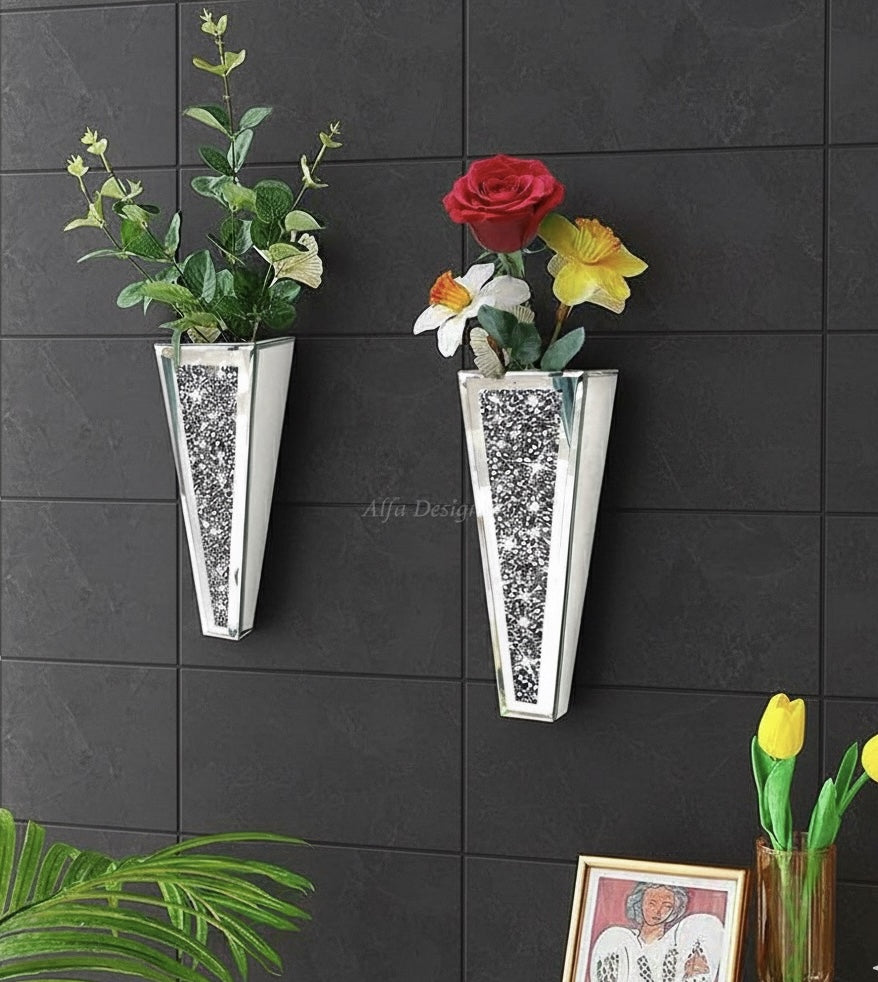 Flower Vase Crushed Diamond Mirrored Hanging Planter Set of 2