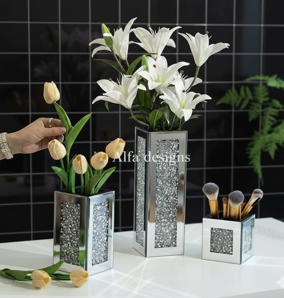 Silver Rectangle Glass Vases for Decor Set of 3
