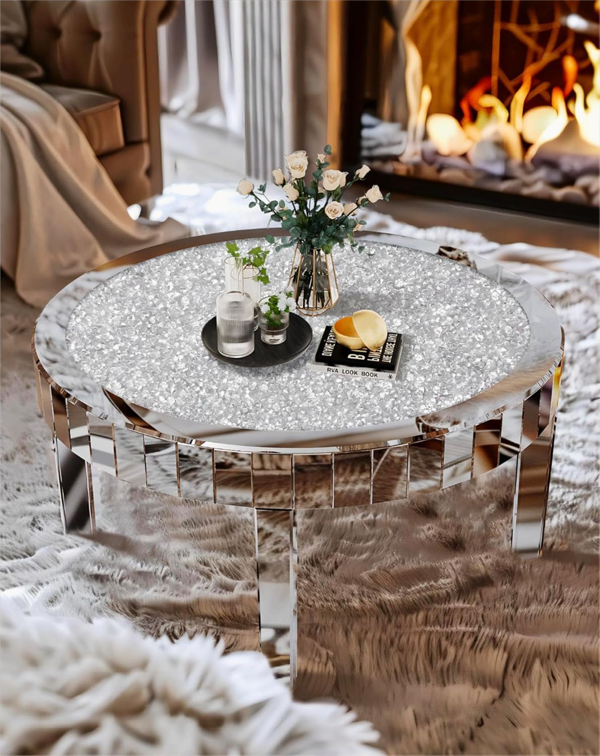 Round Mirrored Diamond Crush Coffee Table