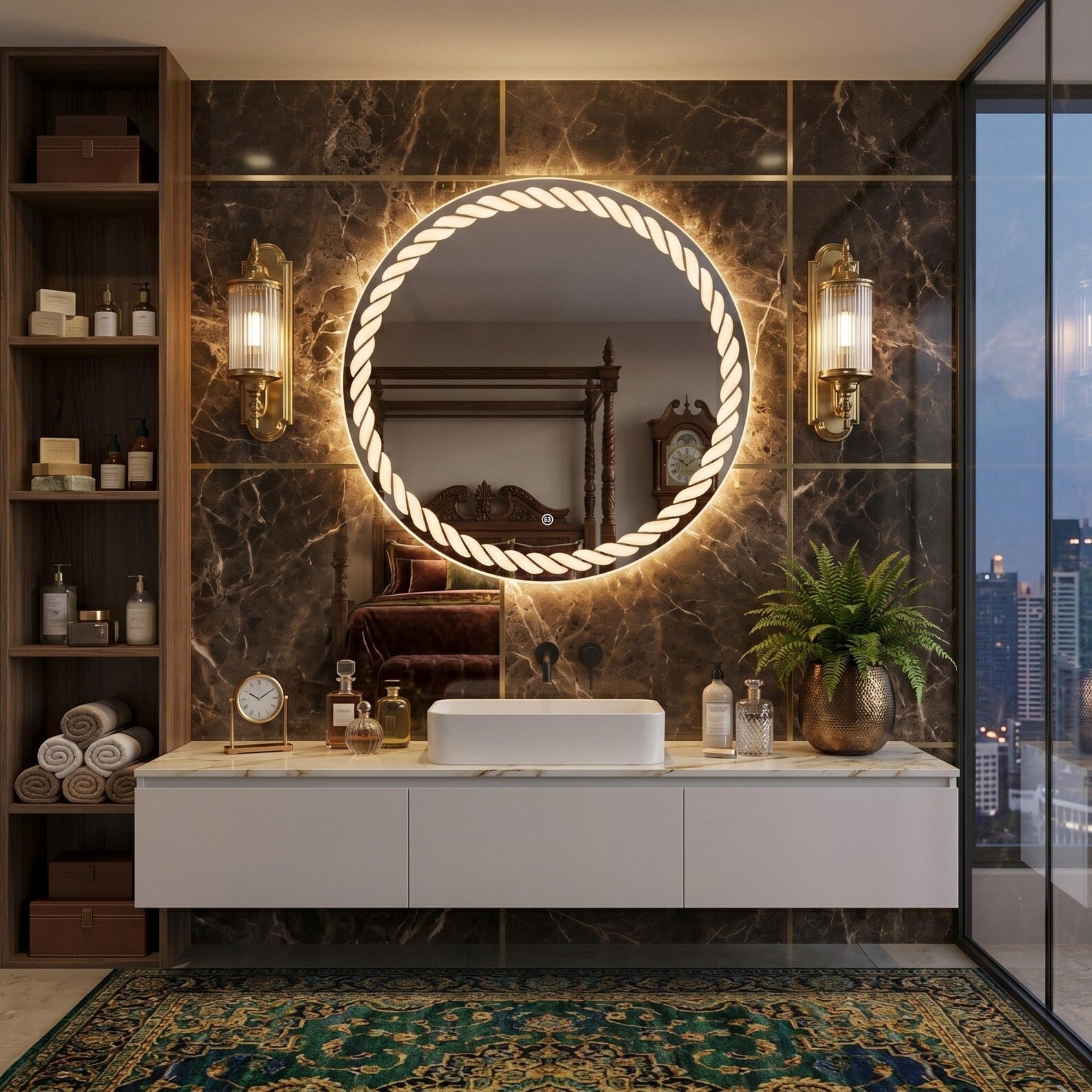 Round Rope Wall Mirror frontlite 3 Light Modes Natural, Warm & Cold White