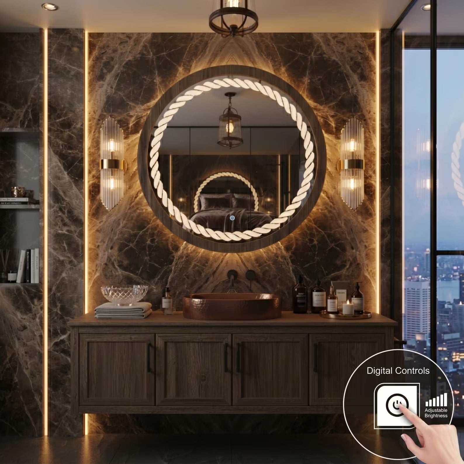 Round Rope Wall Mirror frontlite 3 Light Modes Natural, Warm & Cold White