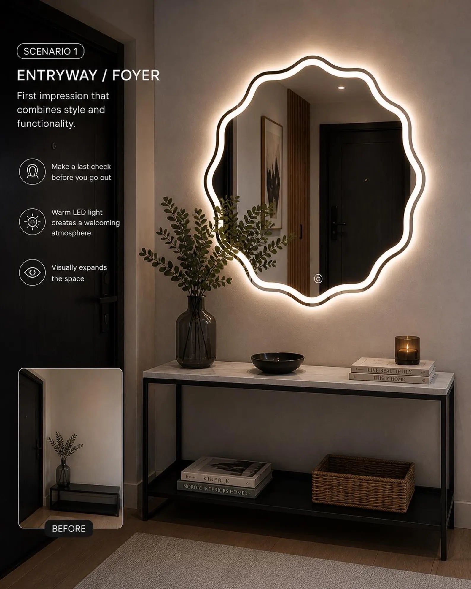 Wave LED Wall Mirror frontlite 3 Light Modes Natural, Warm & Cold White