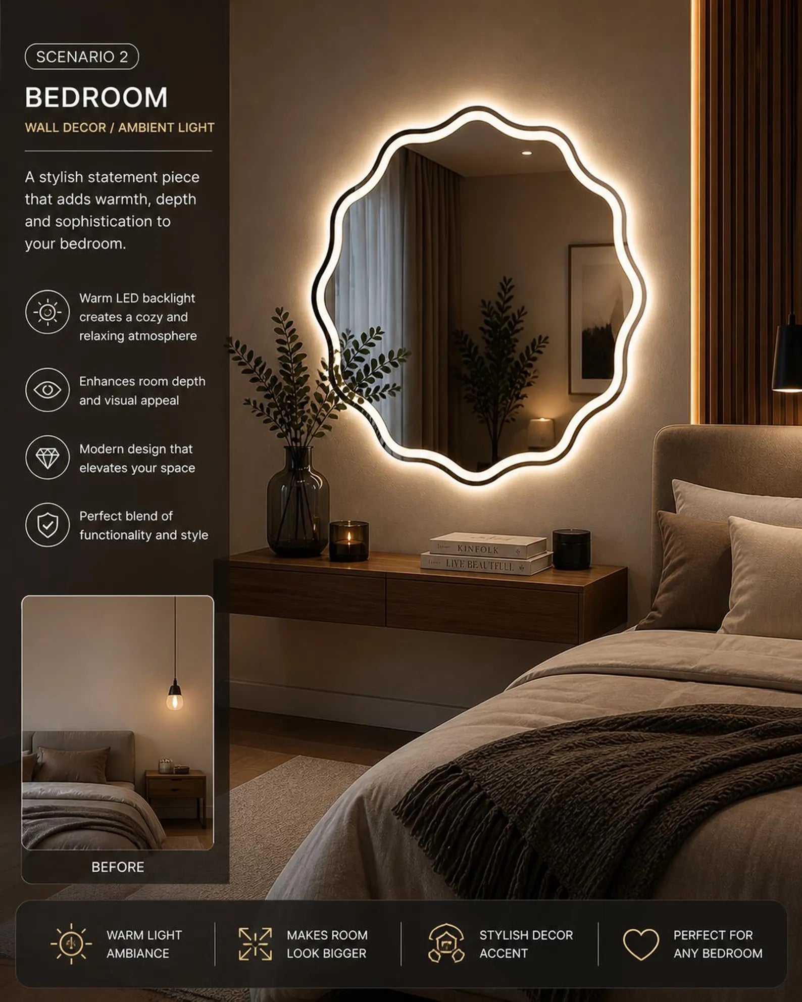 Wave LED Wall Mirror frontlite 3 Light Modes Natural, Warm & Cold White