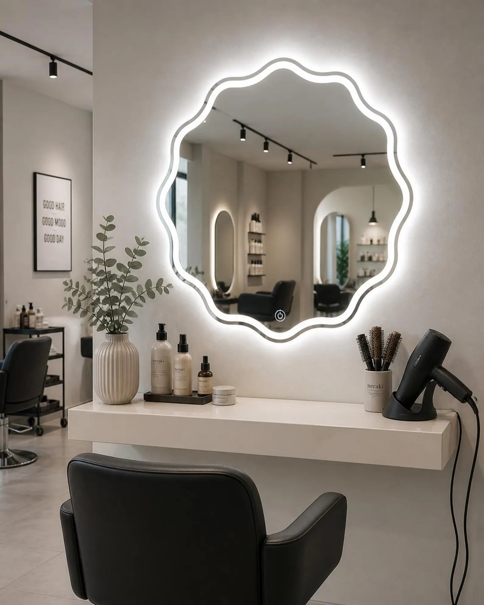 Wave LED Wall Mirror frontlite 3 Light Modes Natural, Warm & Cold White