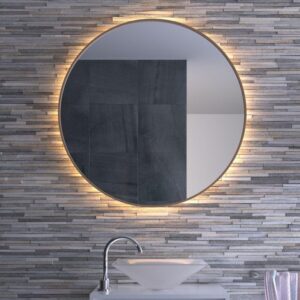 Round Brown Wood Framed LED Mirror with Single Warm Light