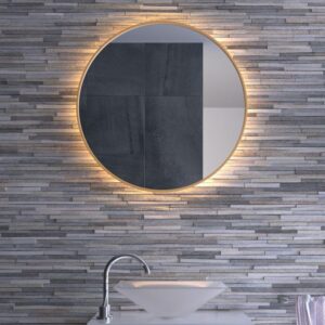 Round Gold Wood Framed LED Mirror with Single Warm Light