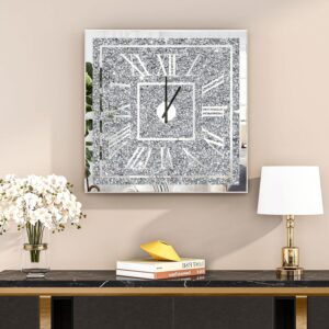 Square Crushed Diamond Mirrored Wall Clock 24inch