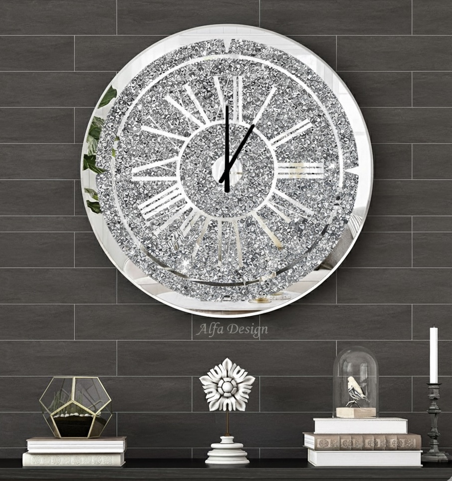 Round Crushed Diamond Mirrored Wall Clock 24inch
