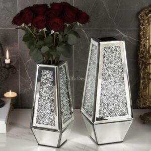Flower Vase Crushed Diamond Mirrored For Table Planter Set of 2