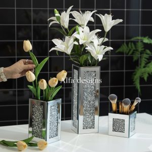Silver Rectangle Glass Vases for Decor Set of 3
